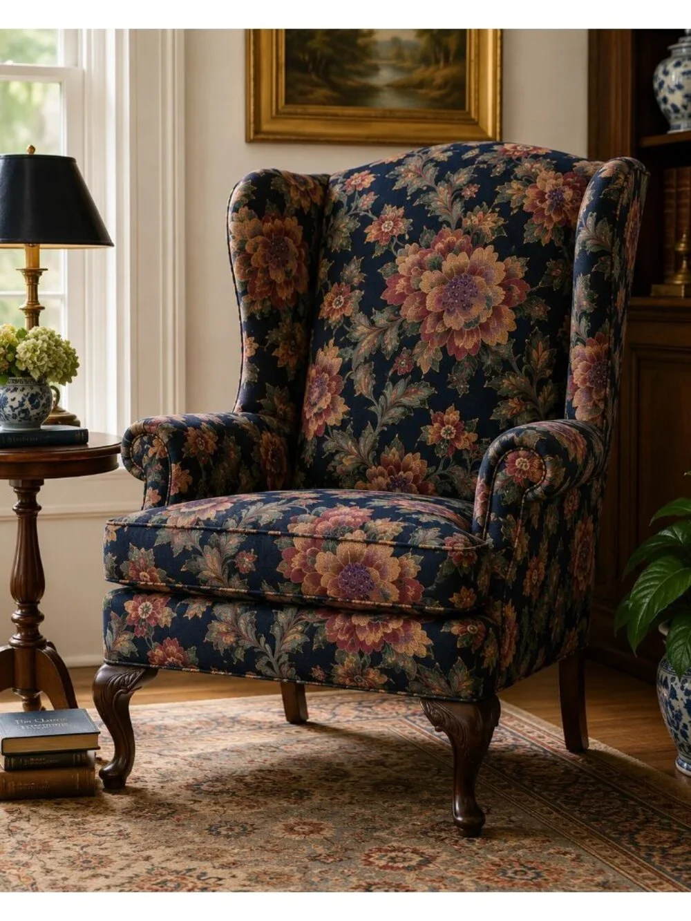 Lot of 2 Mill Creek Floral Upholstery Drapery Fabric Panels Navy Blue 55” x 100”